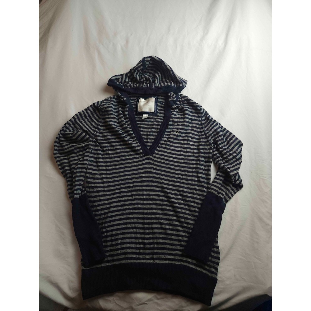 American Eagle Sweater Womens Size XL Blue Striped Knit Hooded Pullover Y2K 90s
